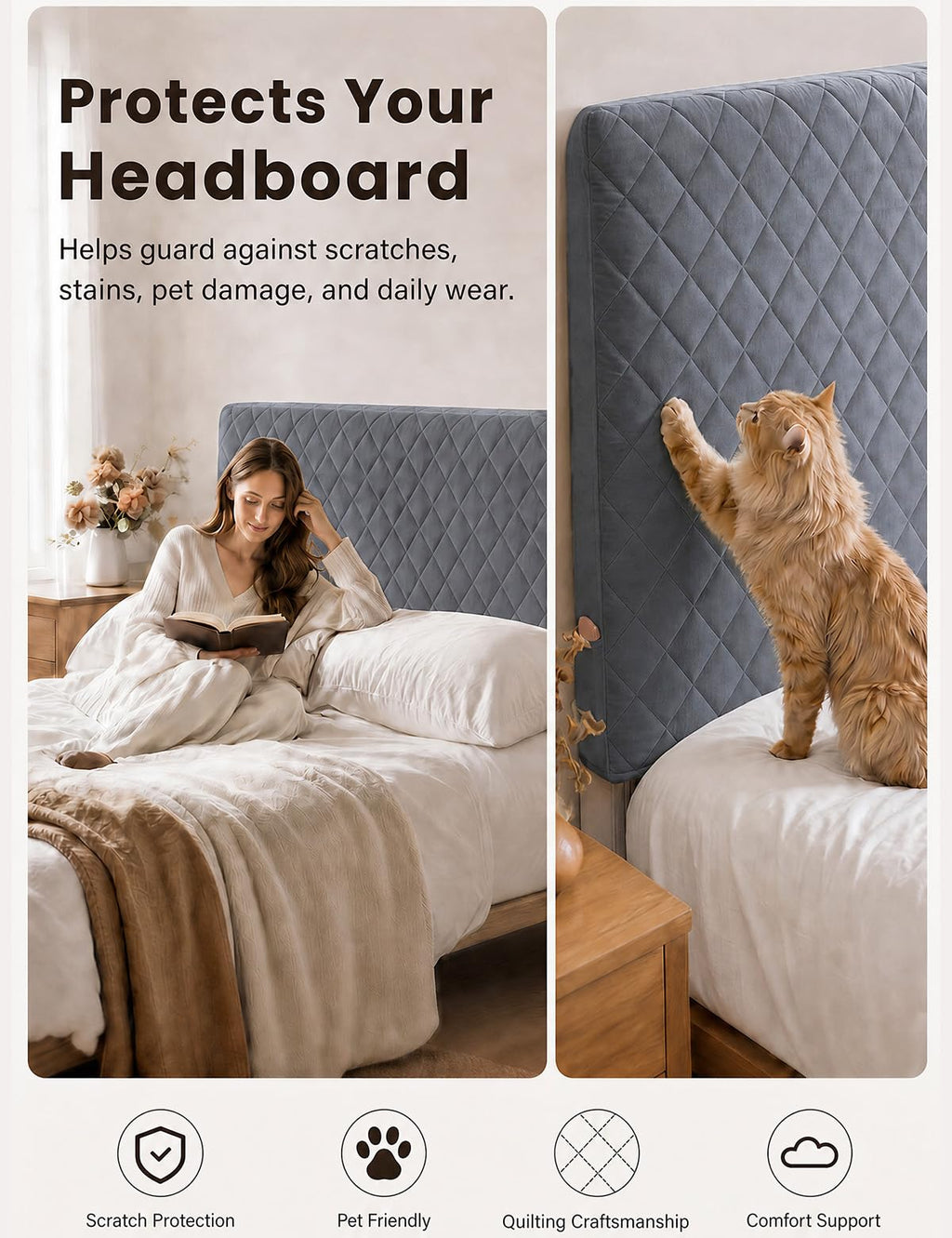 Bed Headboard Slipcover Quilted Thicken Protector Light grey,180x70cm - image 4