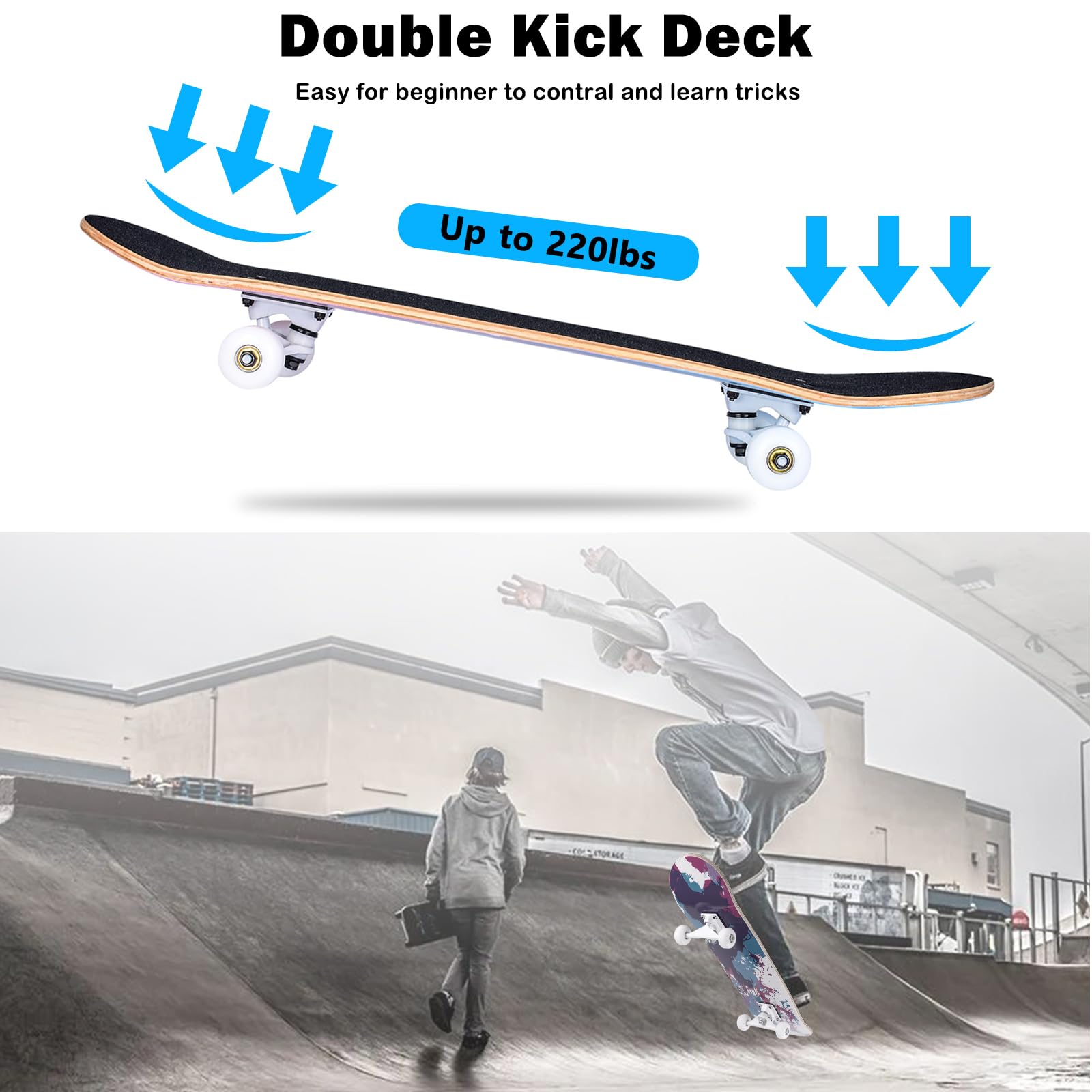 CLYCTIP Complete Skateboard | 31x8 Inch 8-Layer Maple Deck for Beginners