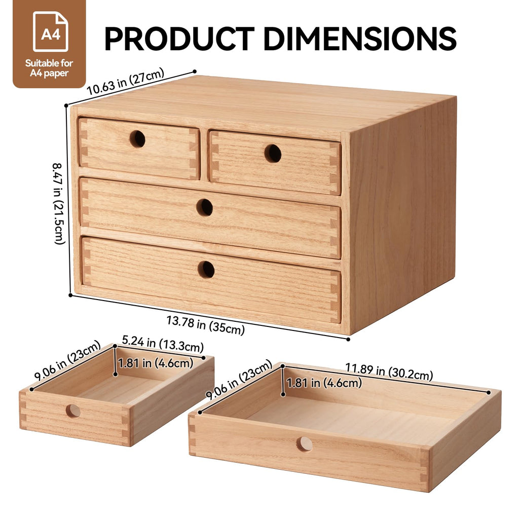 KIGIREN Wooden Desktop Organizer | 4-Drawer Solid Wood Office Storage Box