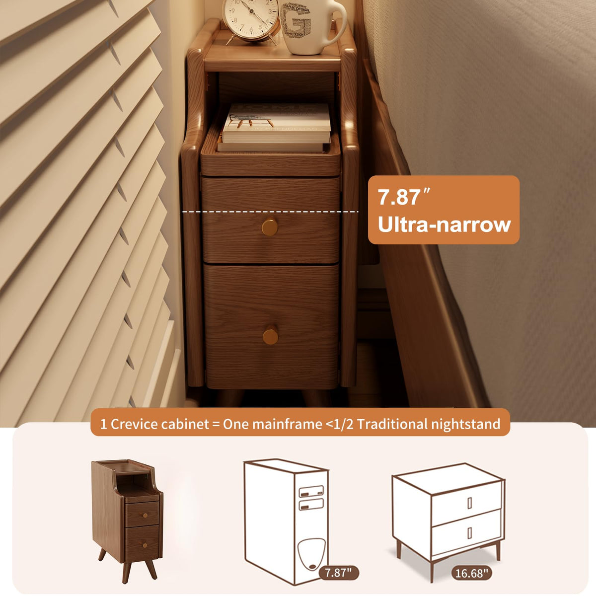 AQIMUELE Small Bedside Table, Narrow Bedside Cabinet with 2 Drawers, Slim Bedside Table for Bedroom, 20cm Walnut - image 4