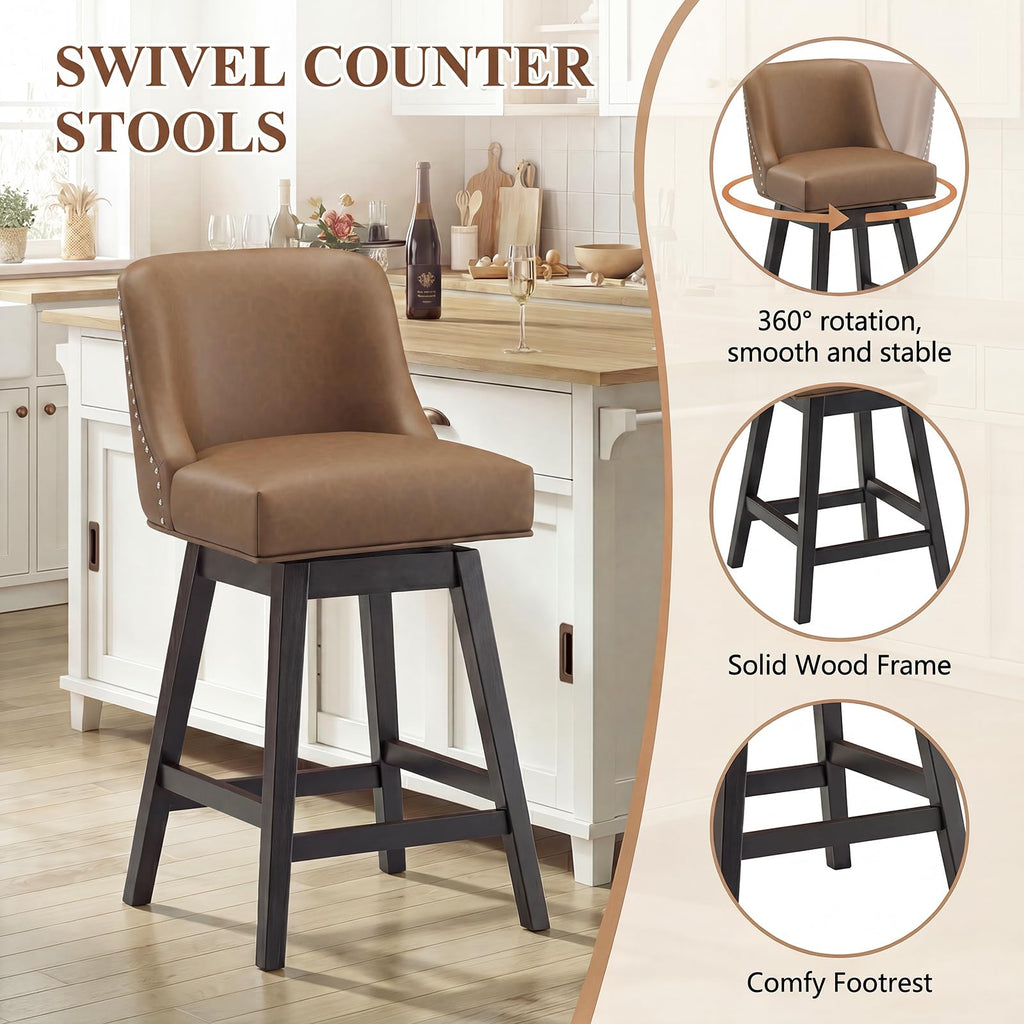 Bar Stools Set of 2, 360° Swivel Upholstered Counter Stools with Back, Wooden Frame Kitchen Bar Chairs with Nailhead Trim