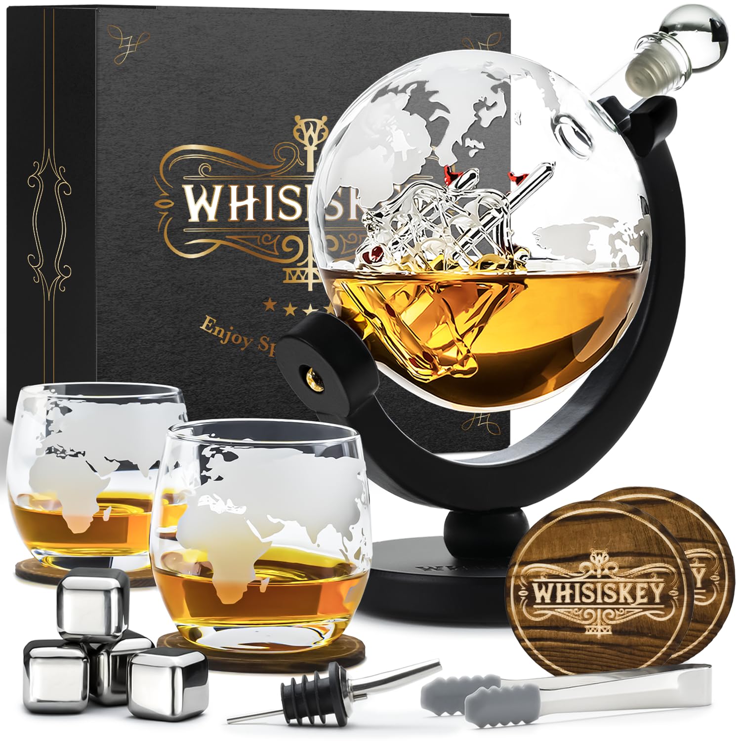 Whisiskey Globe Whiskey Decanter Set – 900ml Carafe with 2 Glasses