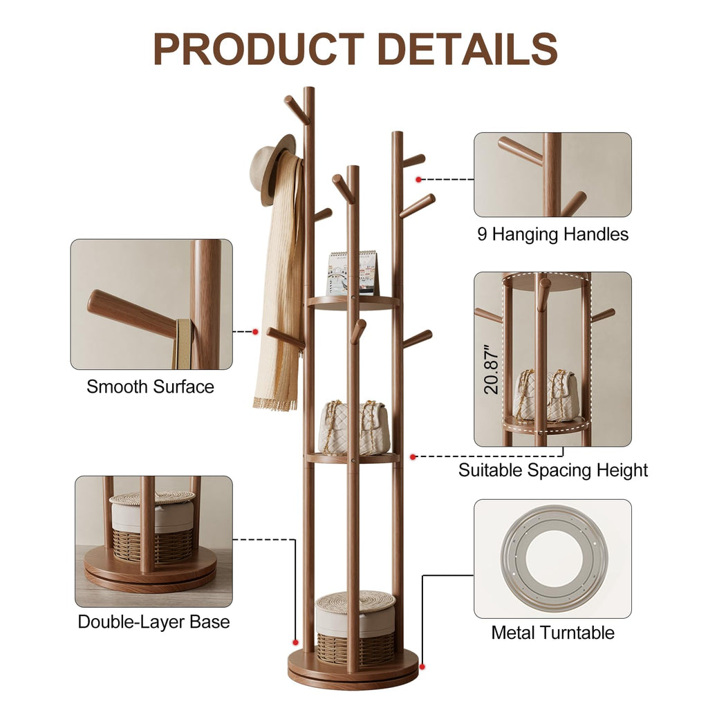 AQIMUELE Coat Stand, Wooden Coat Rack Stand with 3 Storage Shelves and 9 Hooks, Freestanding - Rotatable Coat Hanger Stand - image 3
