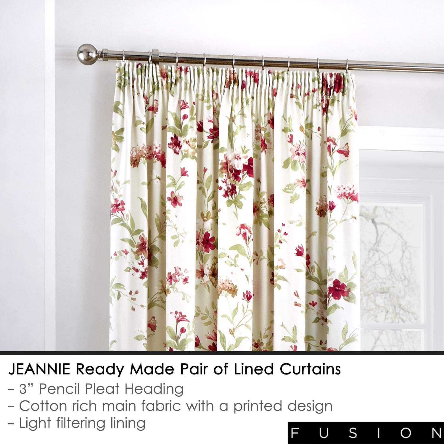 Fusion Jeannie Red Floral Cotton Pencil Pleat Curtains - 229 x 229cm