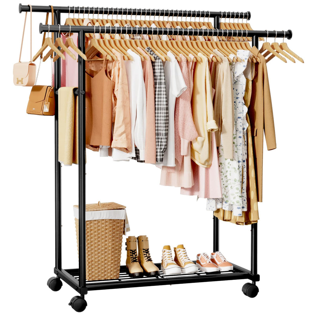 Sakugi Double Rod Clothing Rack with Shelf & Wheels, 98x42x150cm, Black - image 1