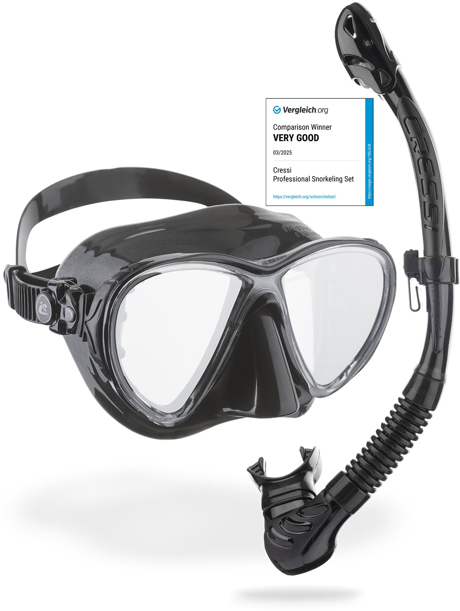 Cressi Big Eyes Evolution Mask & Alpha Dry Snorkel Set - Black/HD Mirror