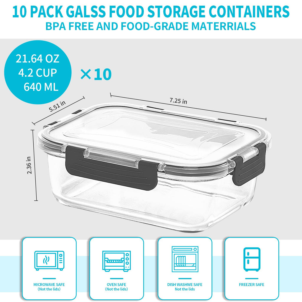 Skroam 10-Pack Glass Meal Prep Containers – 22oz Airtight Food Storage