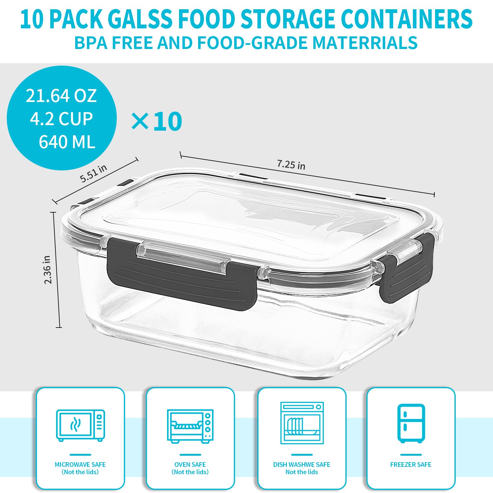 Skroam 10-Pack Glass Meal Prep Containers – 22oz Airtight Food Storage