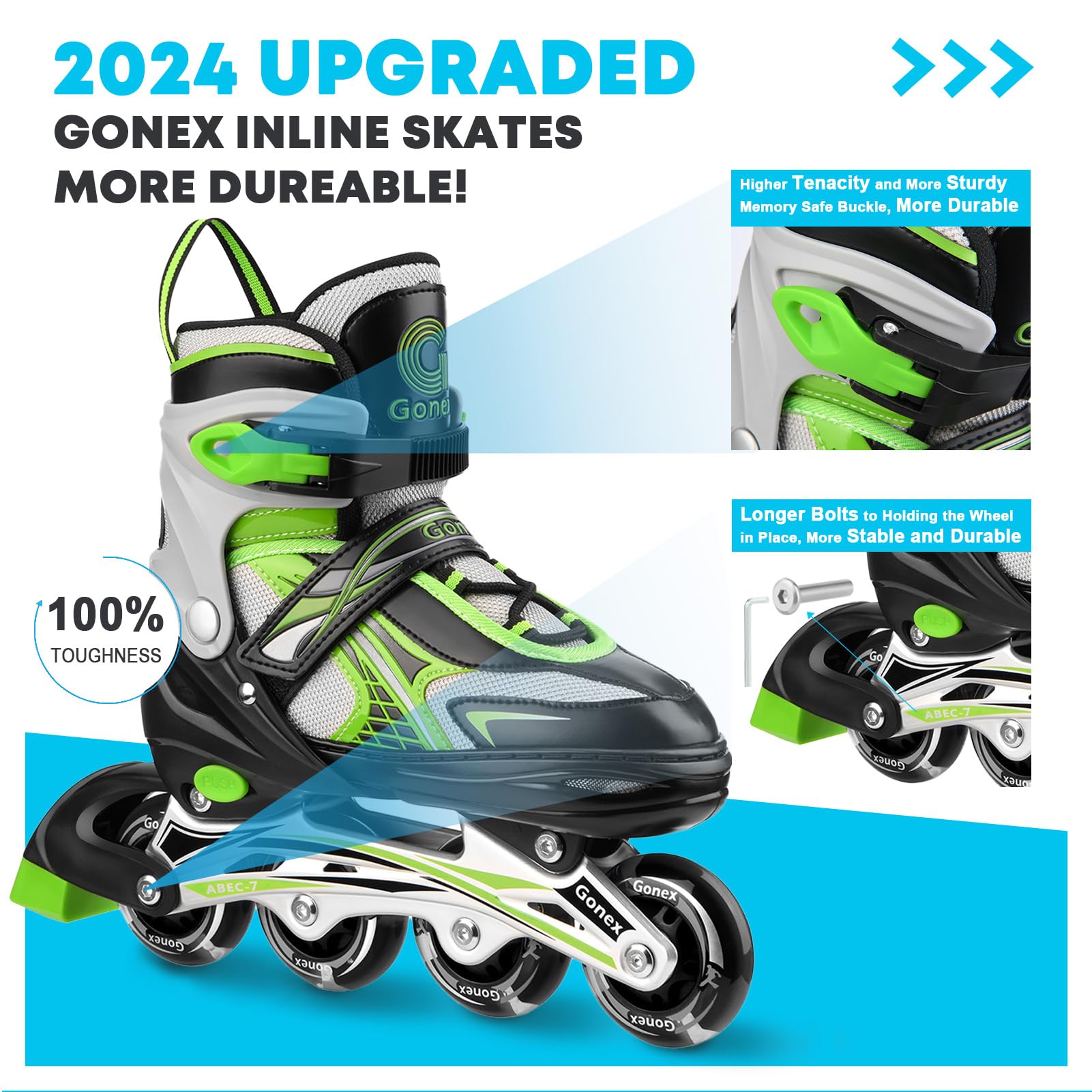 Gonex Adjustable Inline Skates for Kids - 8 LED Flashing Wheels, Green