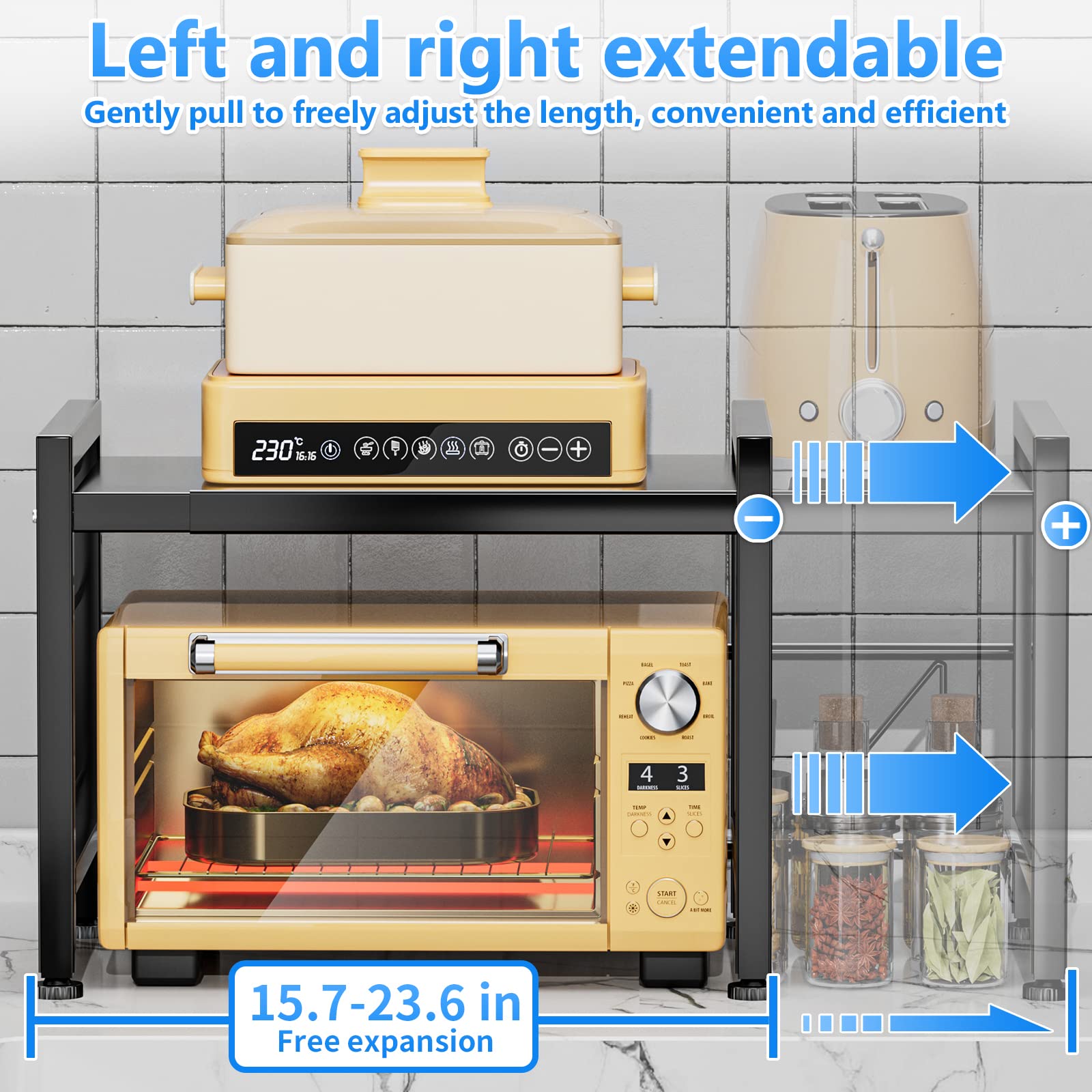 EKNITEY Extendable Microwave Oven Rack | 2-Tier Kitchen Shelf with Hooks
