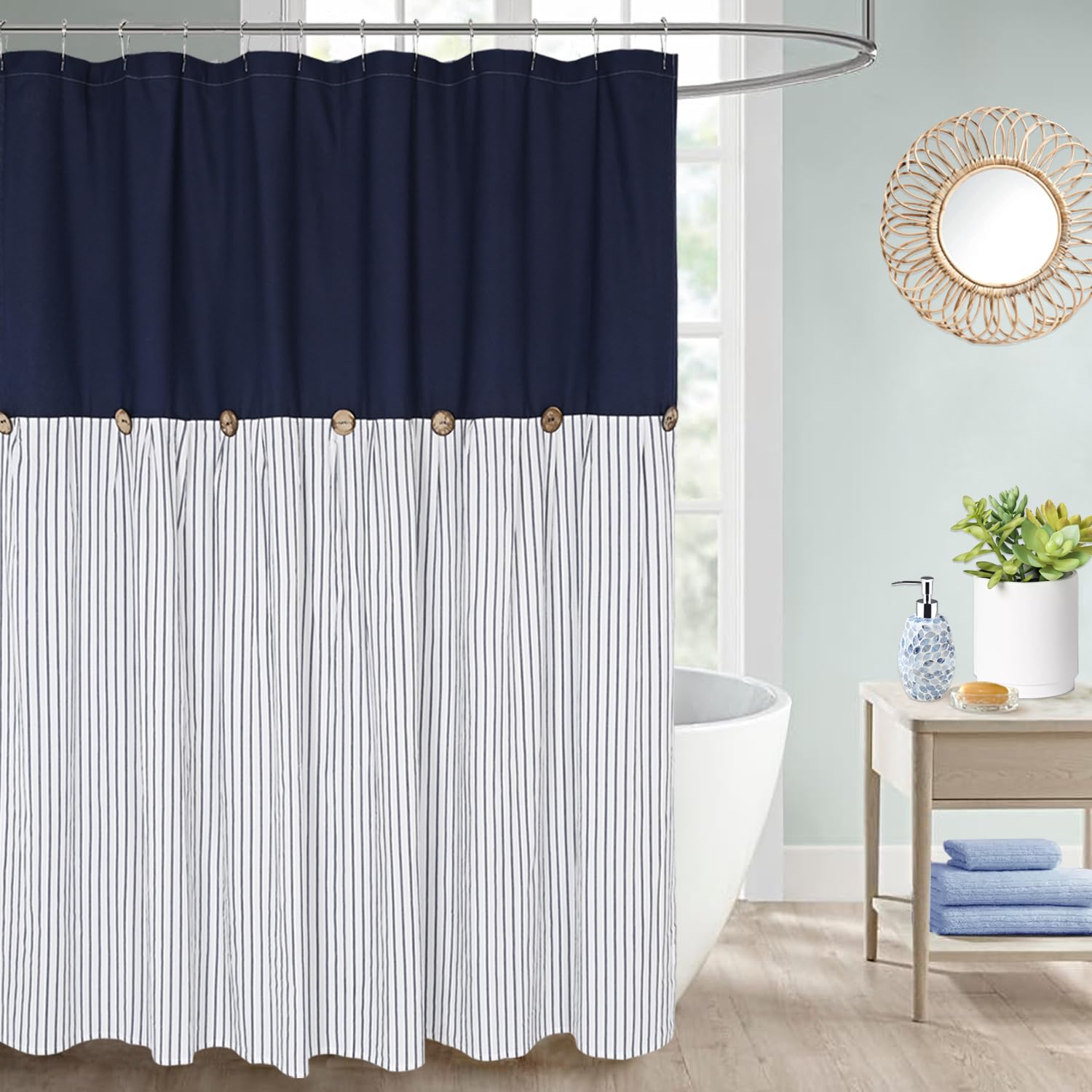 Jolof Store Farmhouse Navy Blue Striped Cotton Blend Shower Curtain