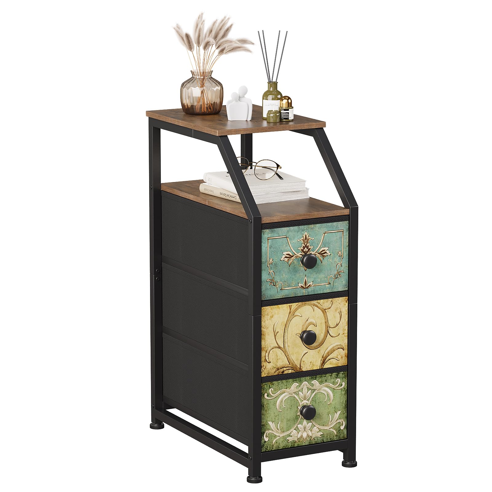 VEDECASA Narrow 3 Drawer Chest | Slim Fabric Storage Unit with Wood Top