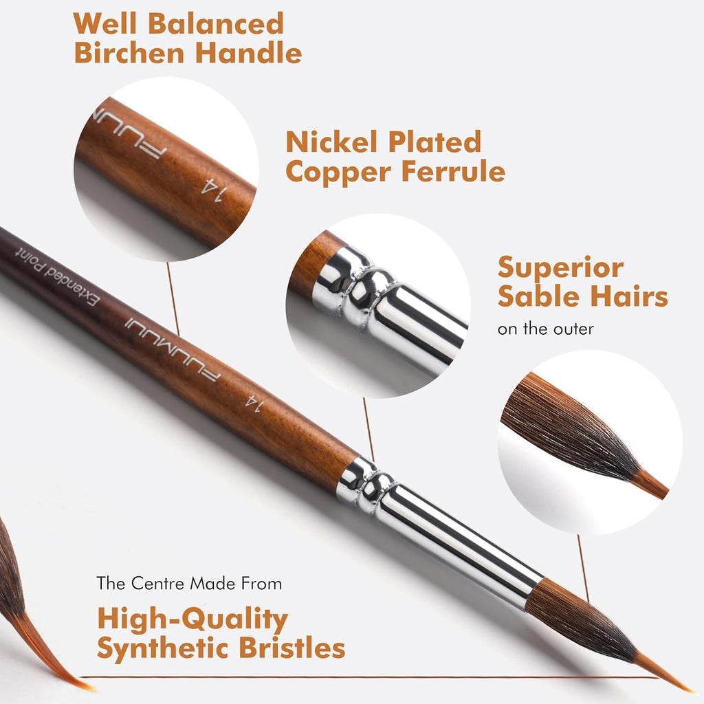 Fuumuui Professional Sable & Squirrel Hair Watercolour Brushes - 9pc Set