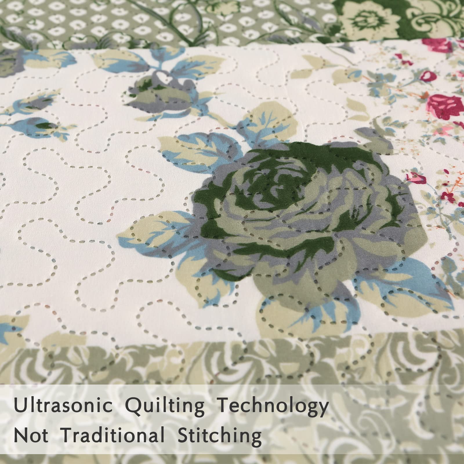 Qucover Green Floral King Bedspread Set | Lightweight Ultrasonic Quilt