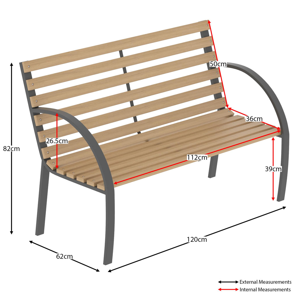 Garden Vida Slatted Garden Bench | 3 Seater Wood & Steel Outdoor Seat