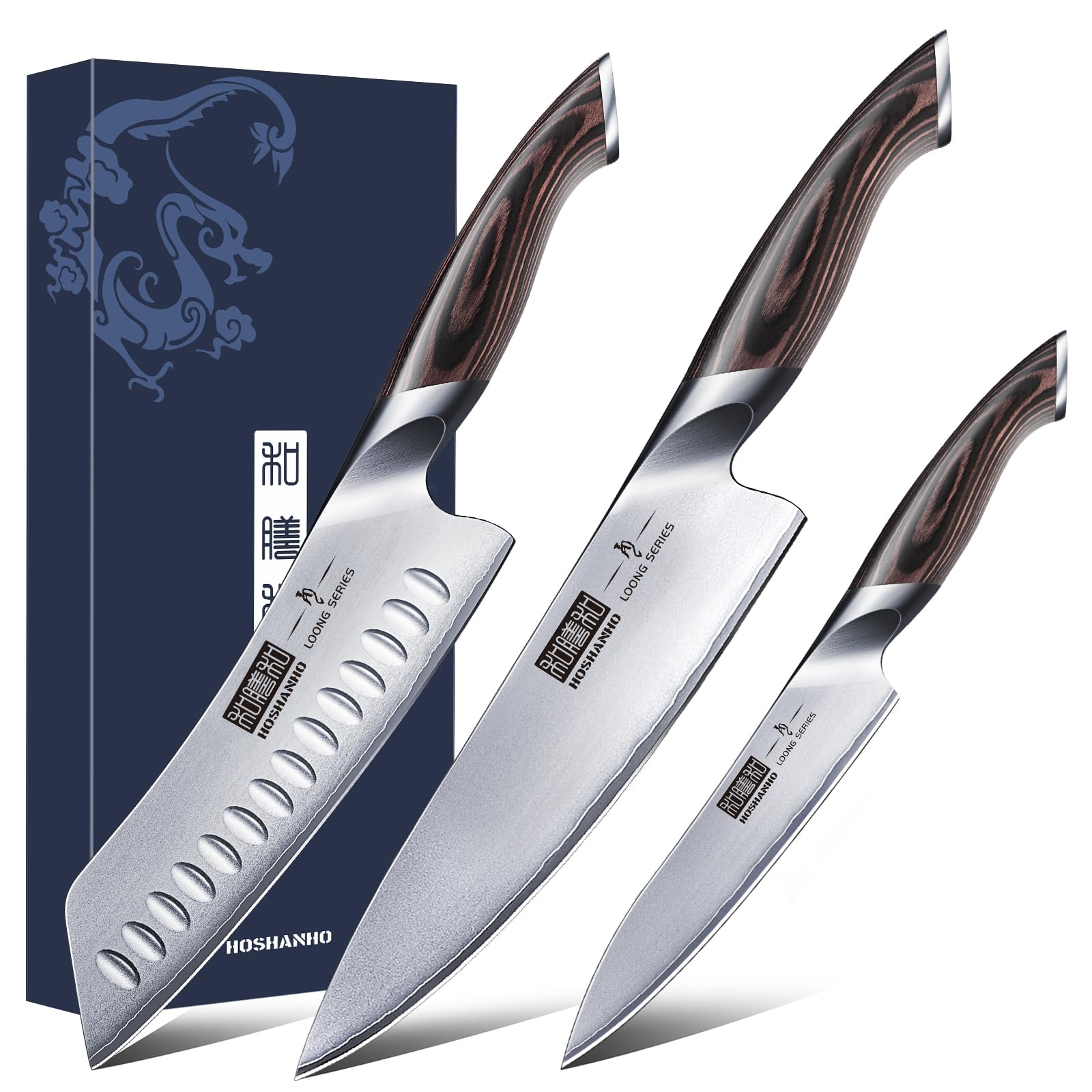 HOSHANHO 3-Piece Japanese Steel Knife Set with Pakkawood Handle