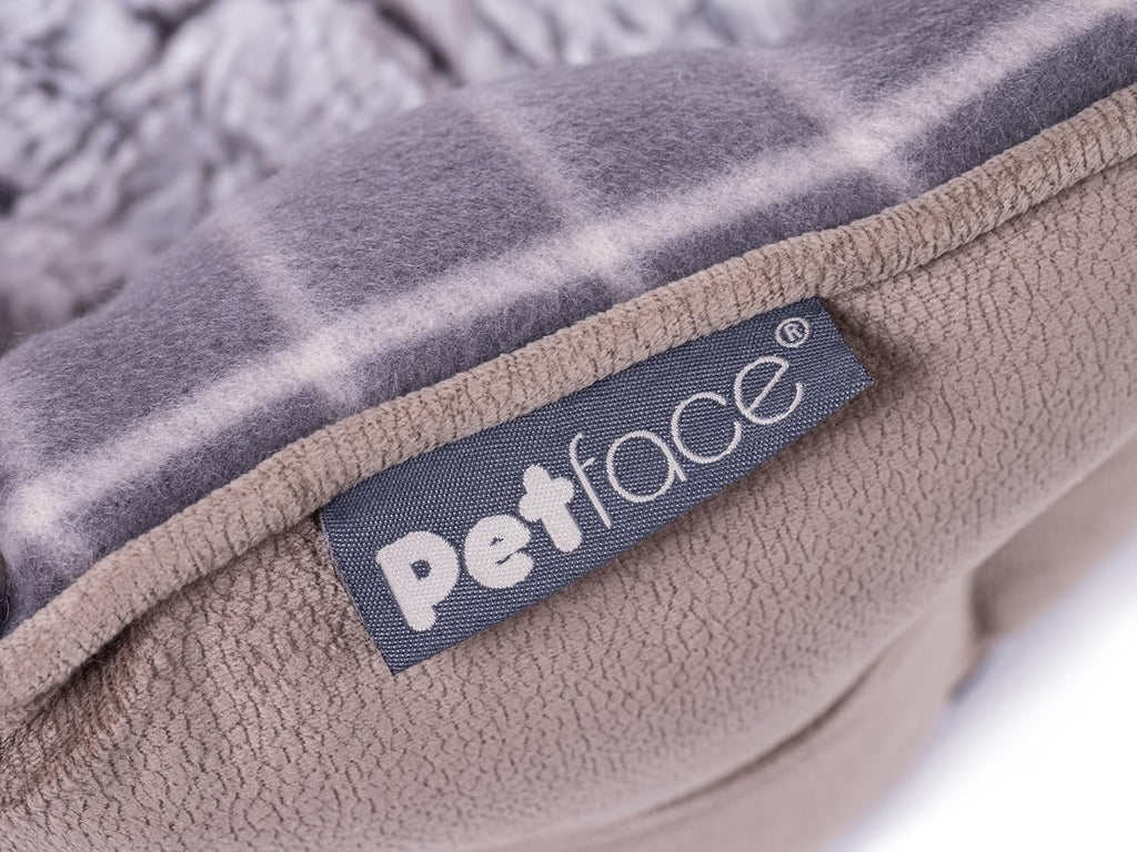 Petface Check and Bamboo Oval Dog Bed - Large Plush Grey Cat Bed