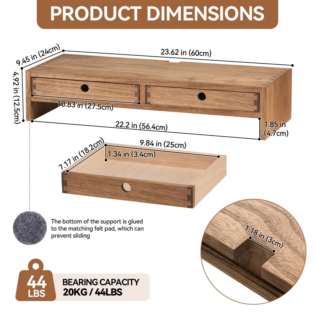 KIRIGEN Solid Wood Monitor Stand with 2 Drawers – Dark Brown Desk Riser