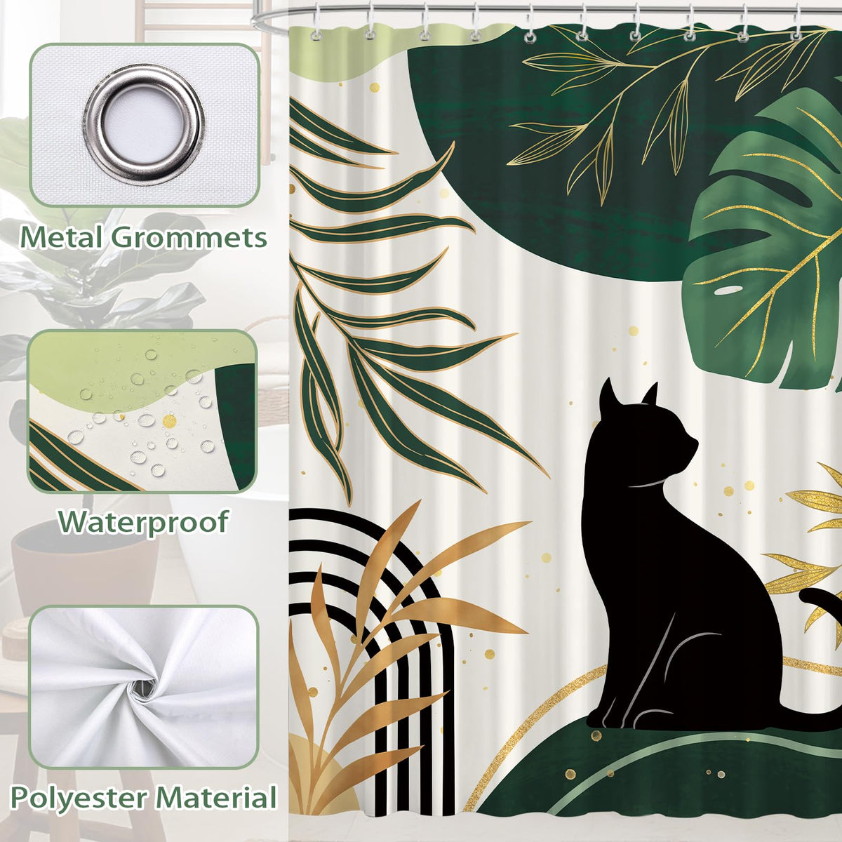 hometrixx Boho Black Cat Palm Leaf Sun Shower Curtain Green 72X72Inch - image 5