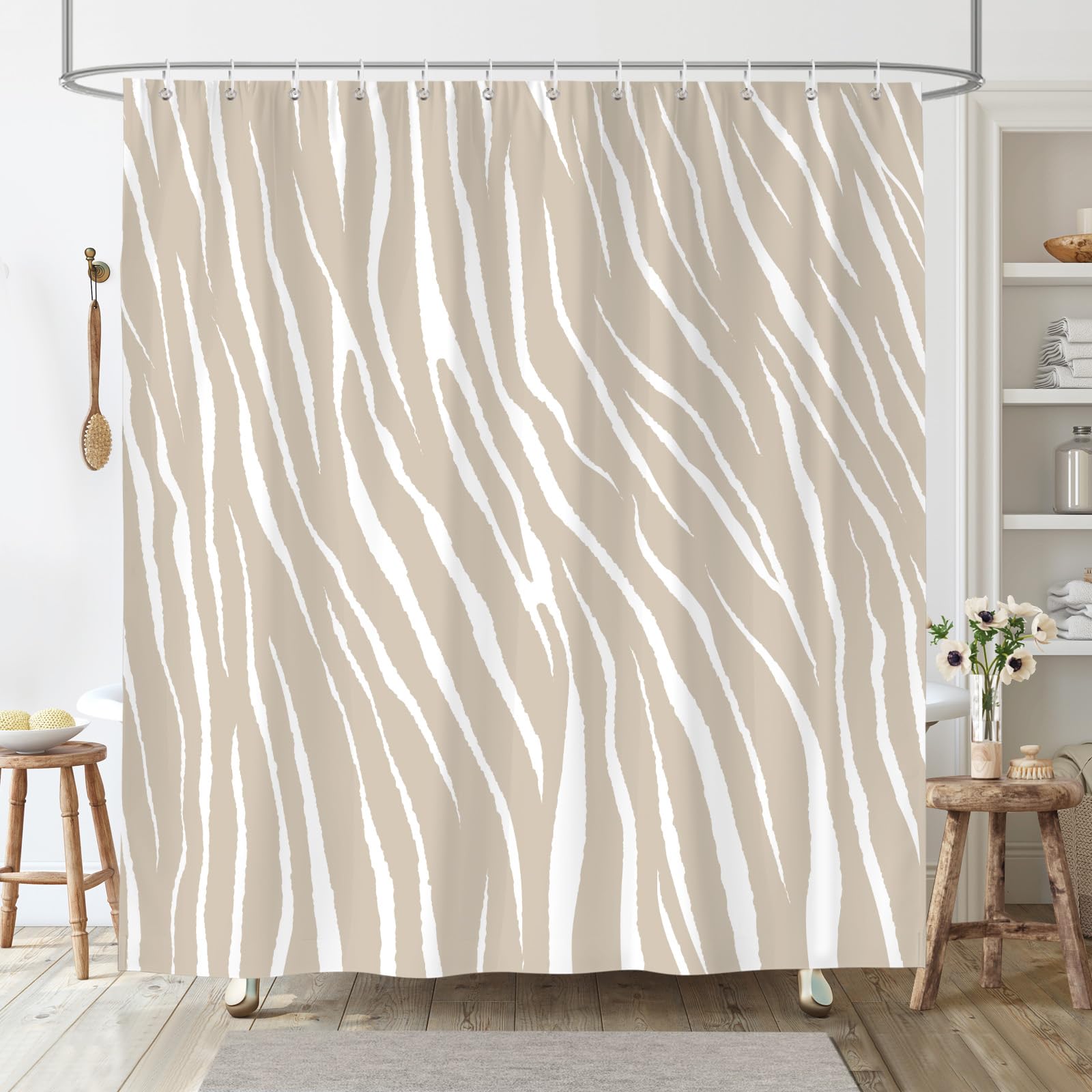 Jolof Store Khaki Striped Shower Curtain | Waterproof Polyester 180x180cm