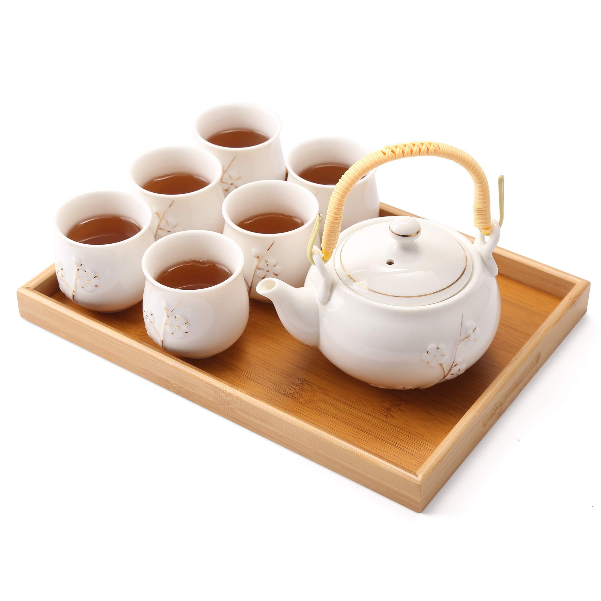 Dujust Japanese White Porcelain Tea Set with Teapot, 6 Cups & Tray