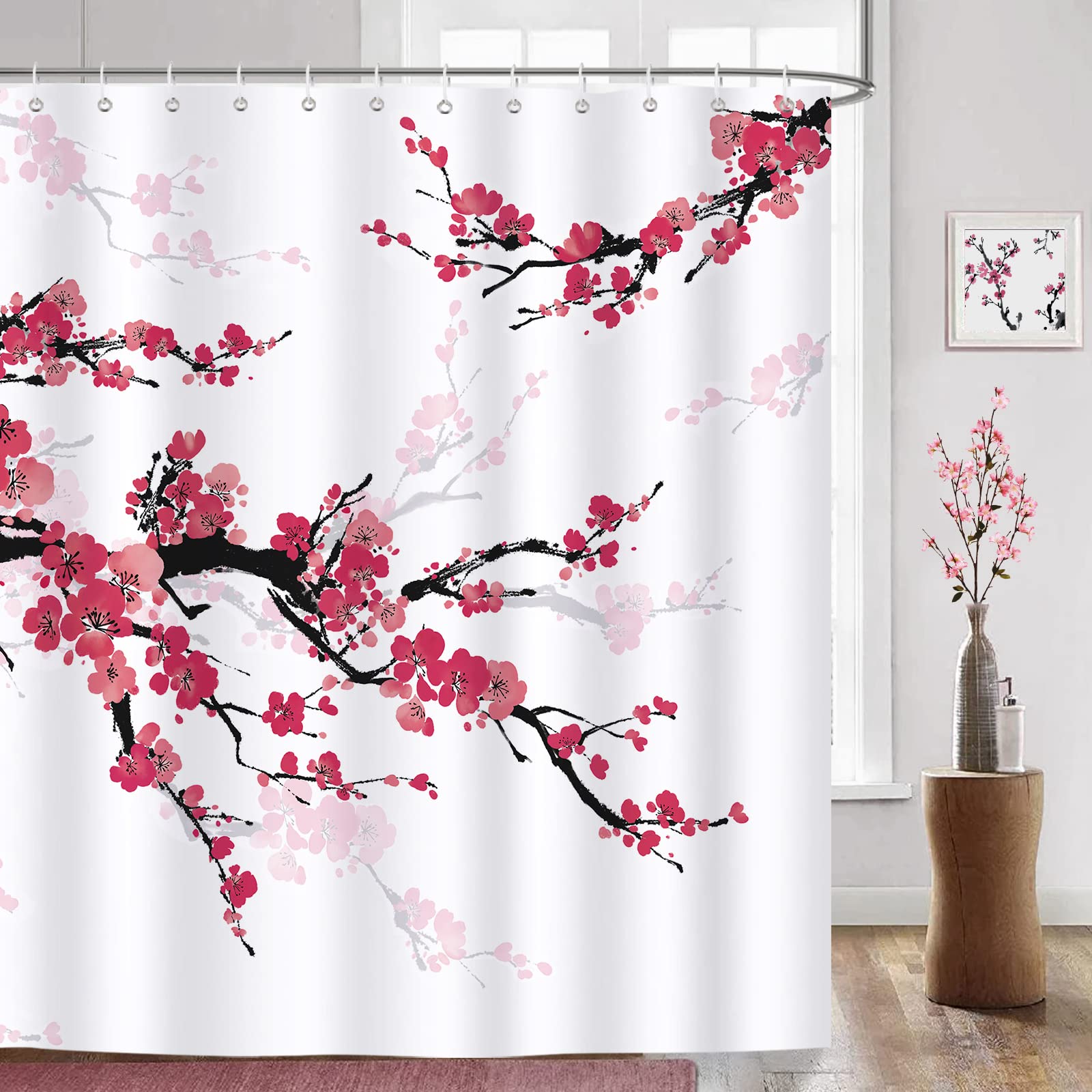 Bonhause Cherry Blossom Shower Curtain | Japanese Floral Waterproof Fabric
