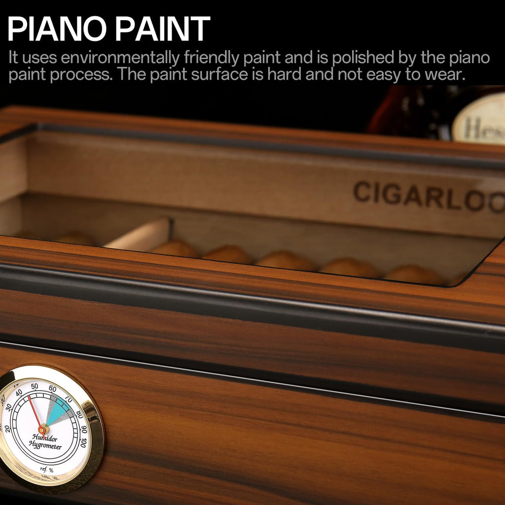 CIGARLOONG Cedar Wood Cigar Humidor | Brown Desktop Box with Glass Top