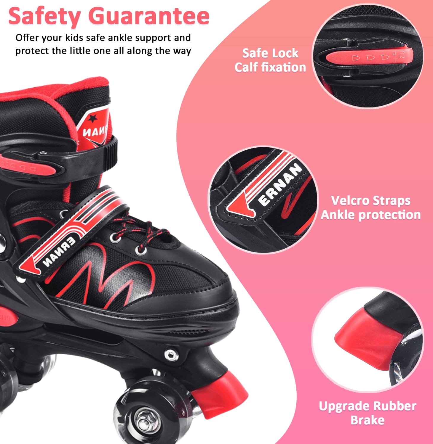 ERNAN Kids Roller Skates | 4 Size Adjustable Light Up Wheels - Red