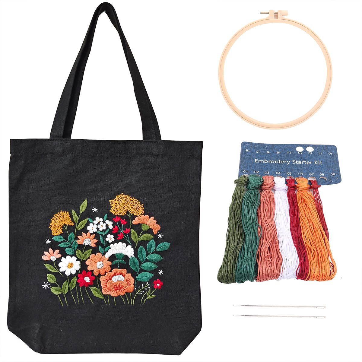 MAMUNU Floral Canvas Tote Bag Embroidery Kit for Beginners - Black