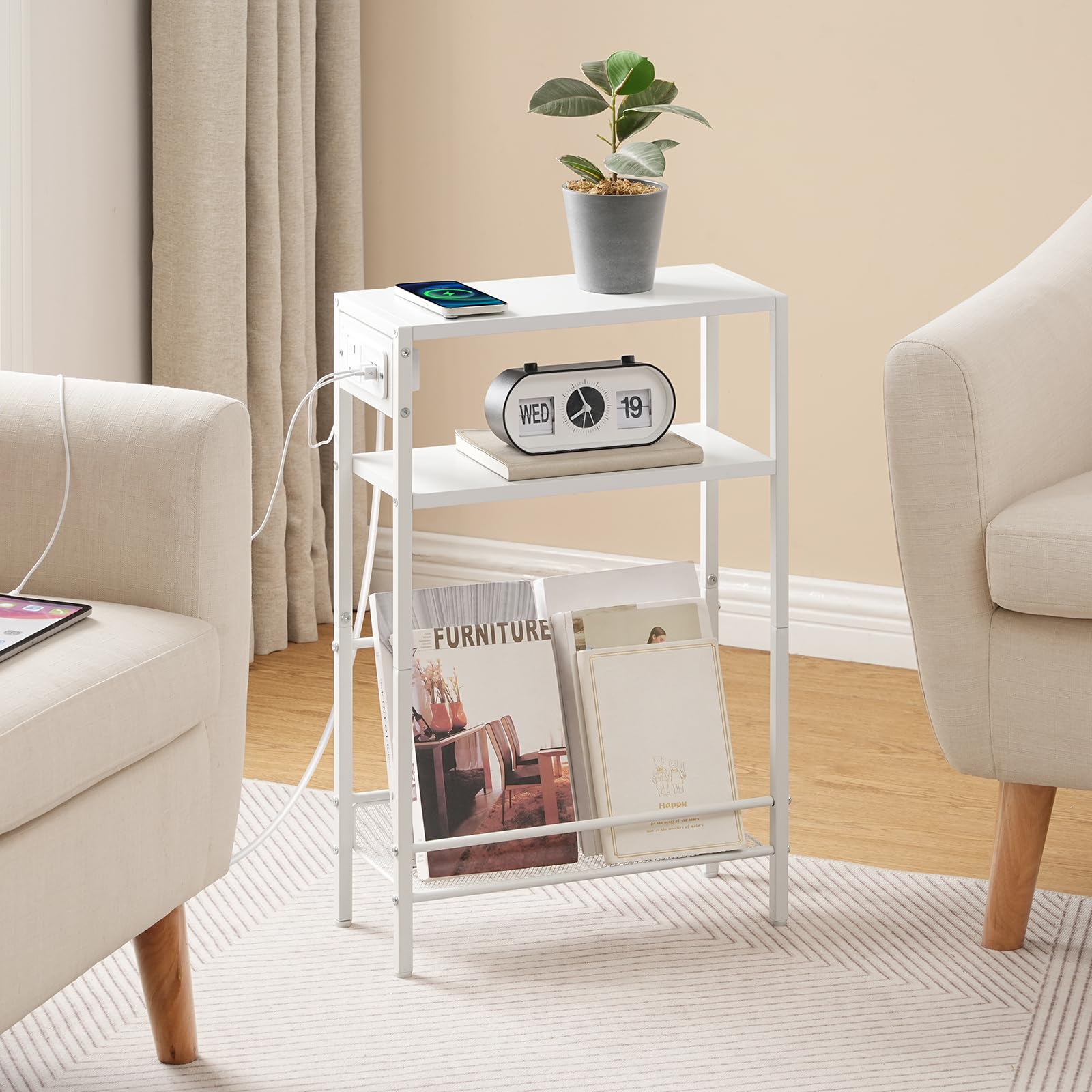 HOOBRO Slim Side Table with Charging Station | 3-Tier Narrow End Table
