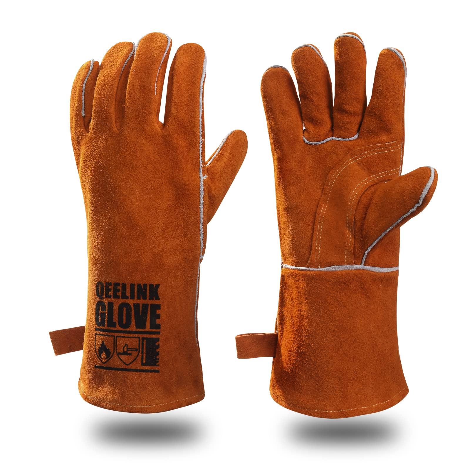 QeeLink Welding Gloves – 14-Inch Heat Resistant Brown Lined Leather