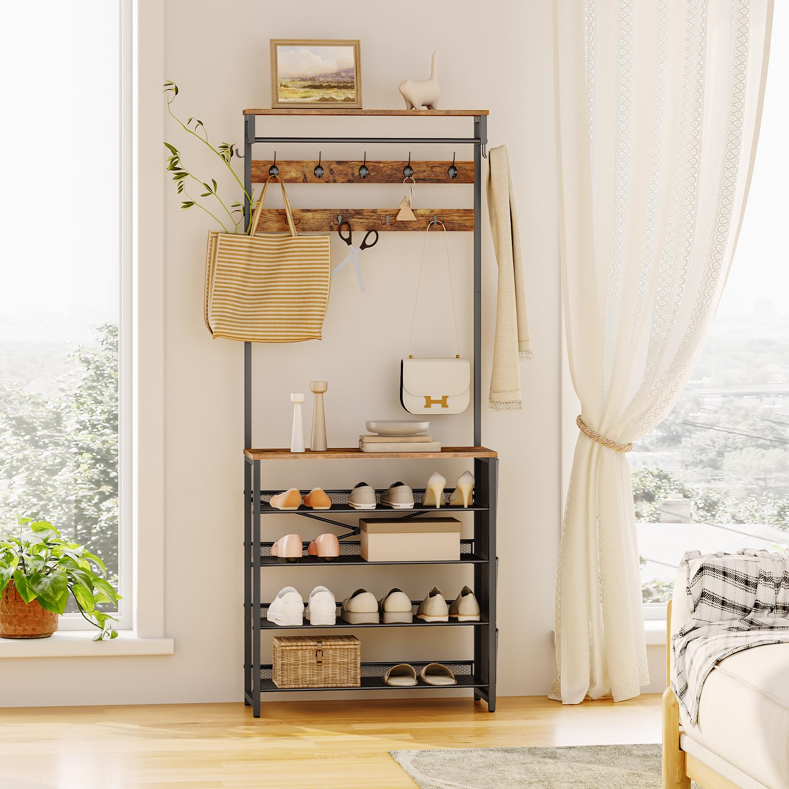 HOOBRO Hall Tree Coat Rack with Shoe Storage and Tiltable Mesh Shelves