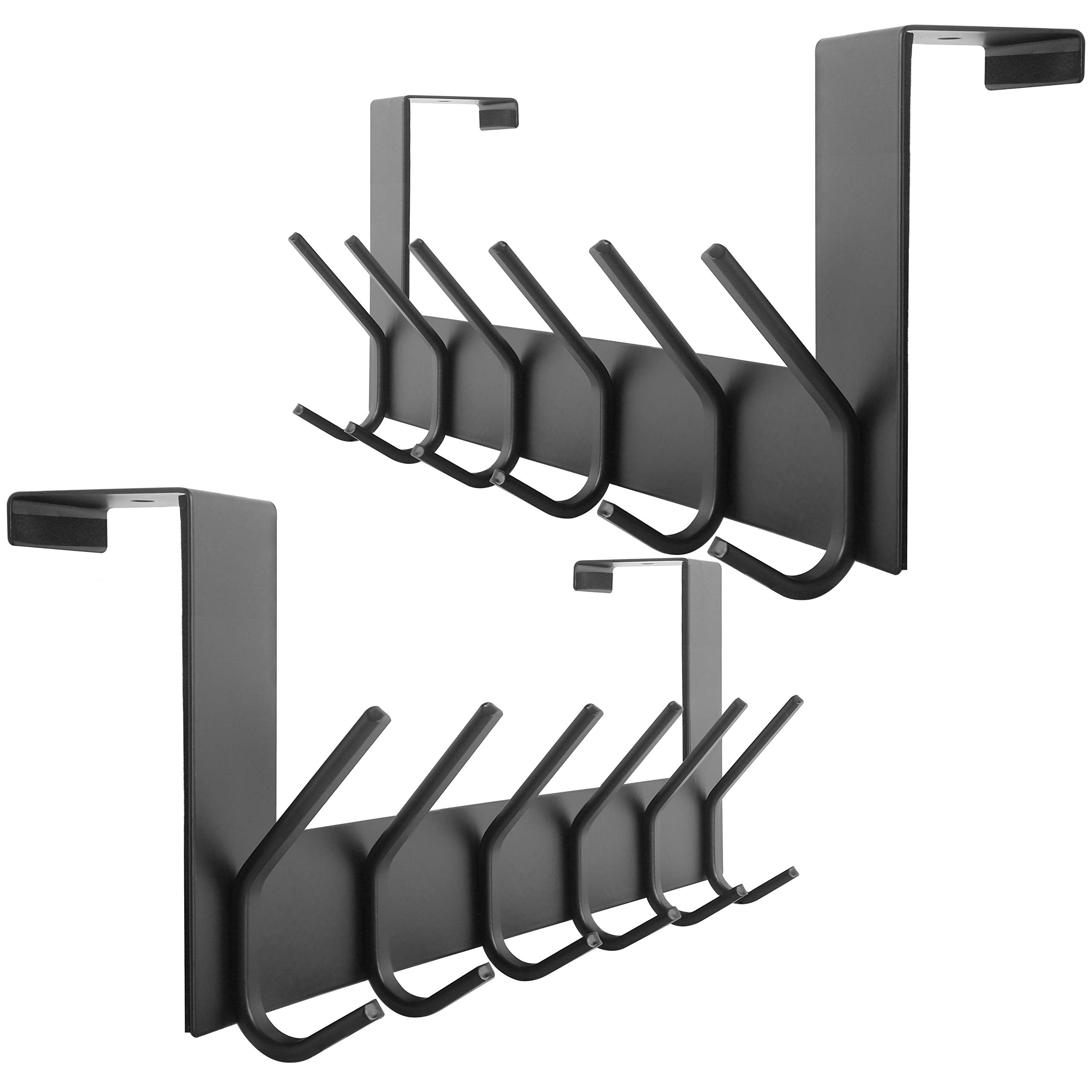 WEBI Over The Door Hook Rack - 6 Hook Towel & Coat Hanger, Black, 2 Pack