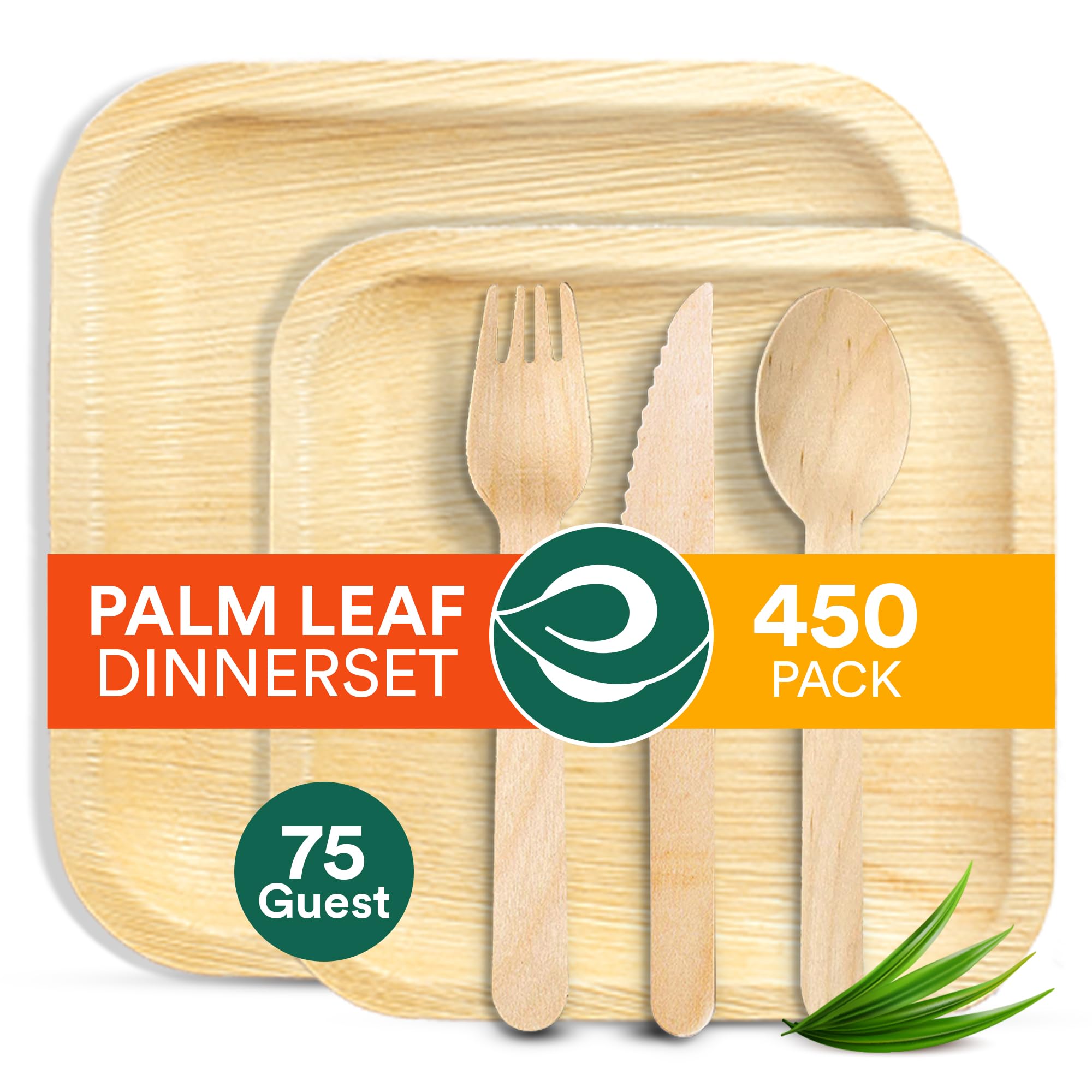 ECO SOUL Compostable Palm Leaf Dinnerware Set | 450-Piece Set for 75 Guests