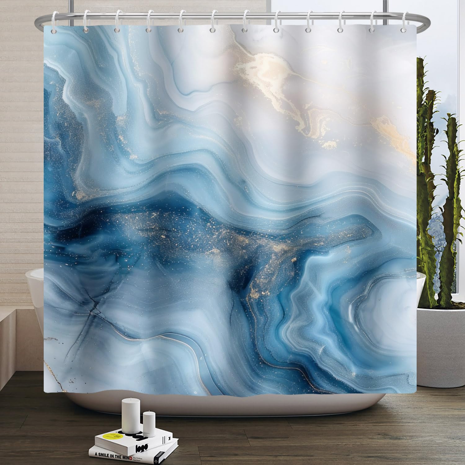 Jolof Store Blue Golden Marble Shower Curtain – Waterproof Polyester
