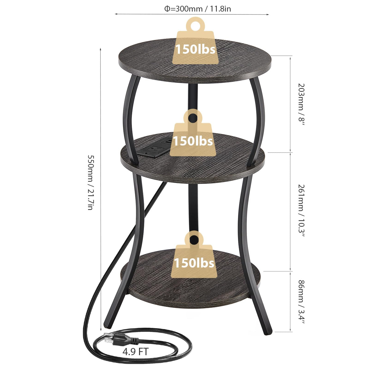 YEAKOO Bedside Table with Charging Station & 4 Sockets, Vintage Round 3-Tier End Table with USB Ports & UK Plugs - image 4
