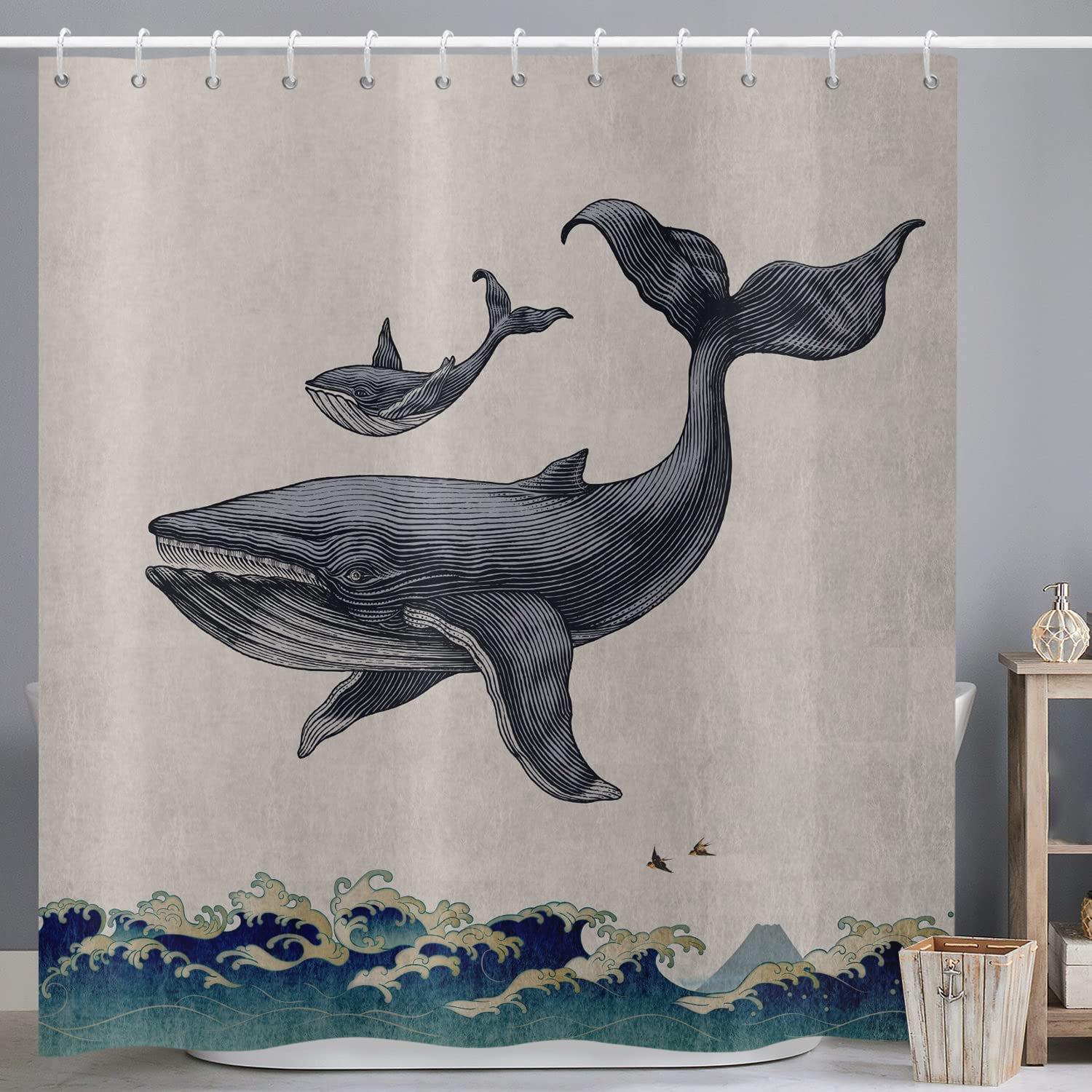 Jolof Store Whale & Fish Shower Curtain | 180x180cm Waterproof Polyester
