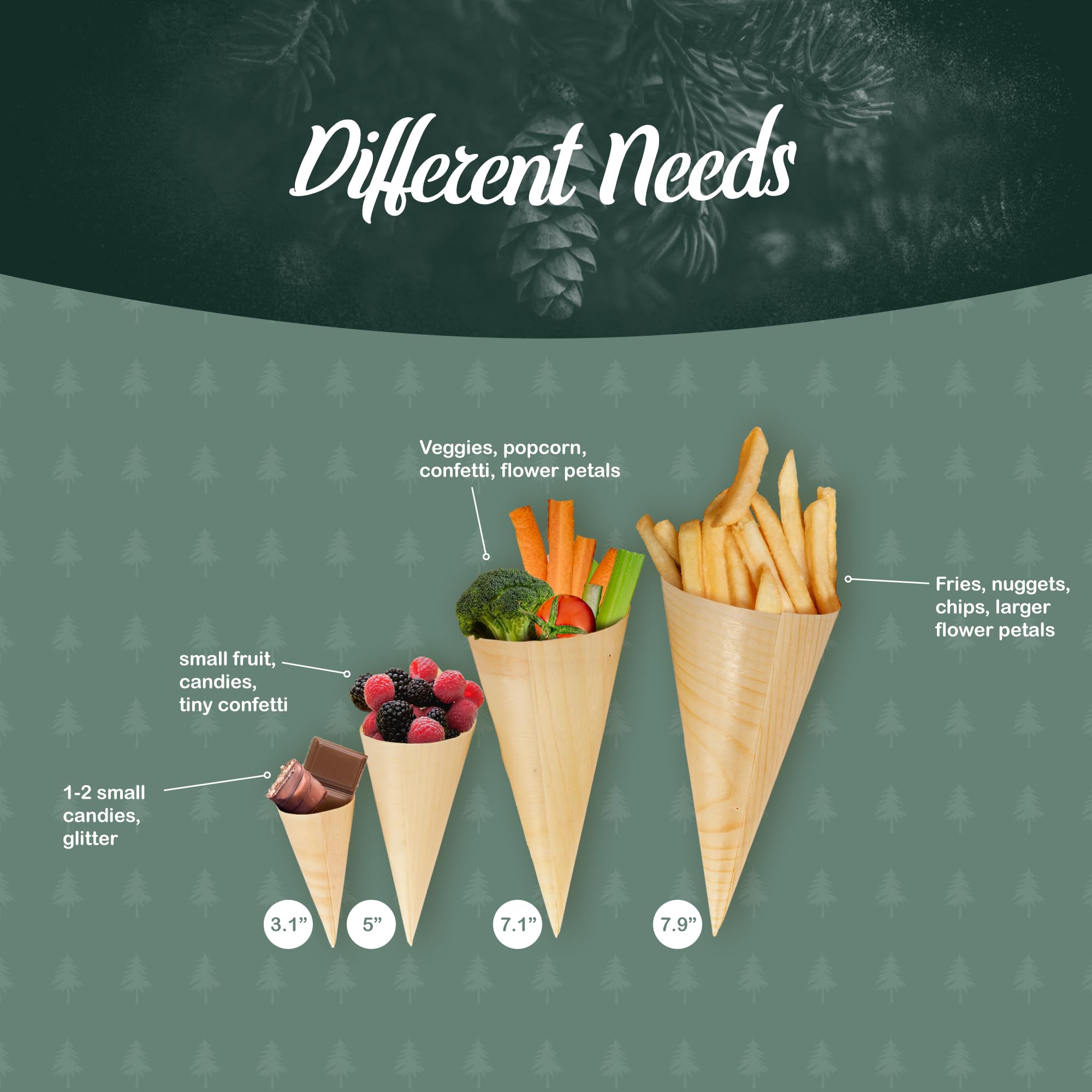 BambooMN Disposable Pine Wood Food Cones – 7.1" Tall, 300 Pieces