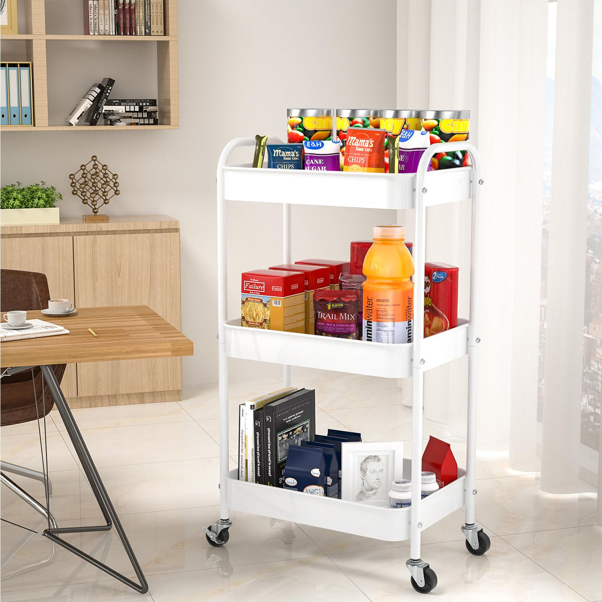 PNVXNUS 3-Tier Rolling Cart, Metal Utility Storage Carts with Wheels,White - image 4
