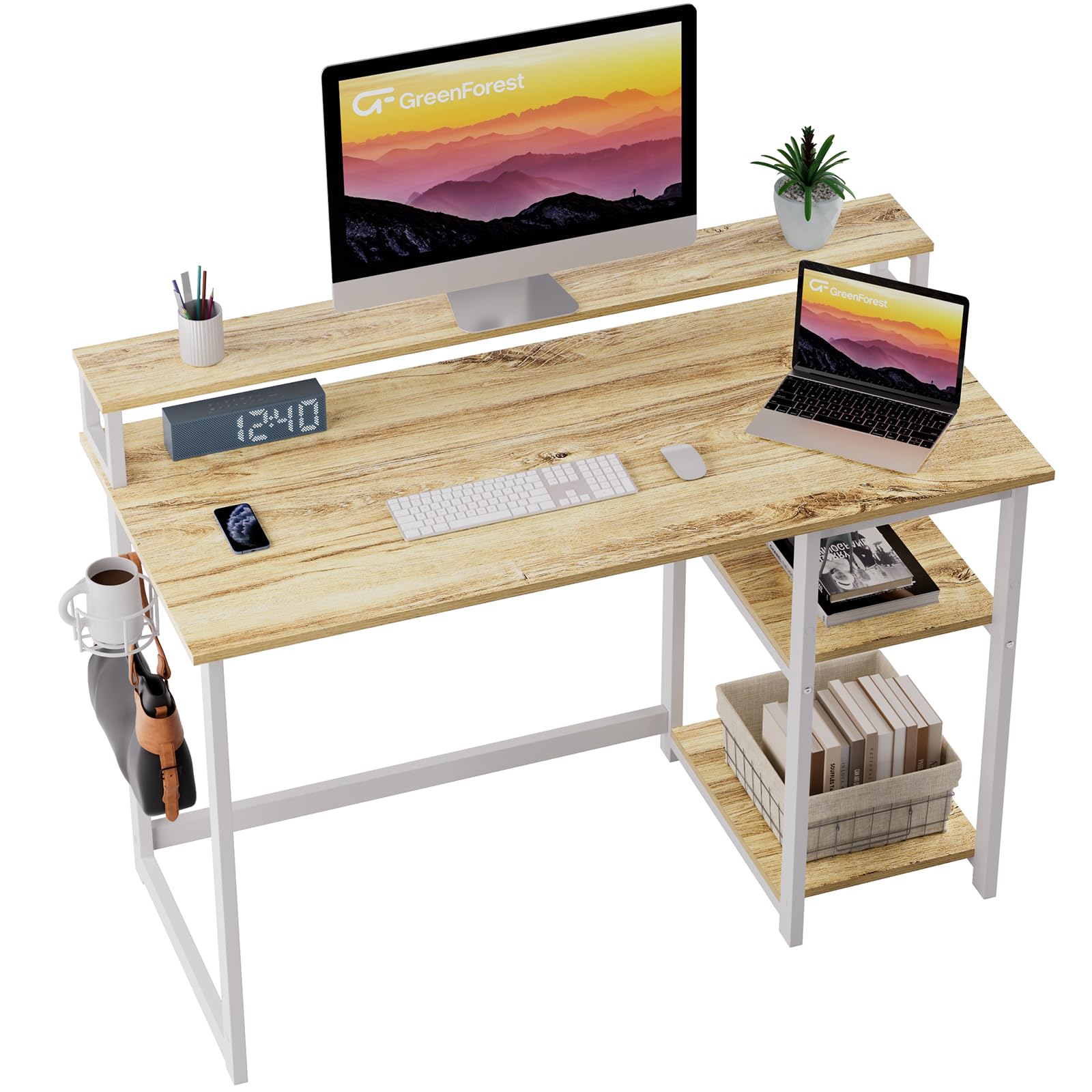 GreenForest 100cm Computer Desk with Monitor Stand & Storage Shelves