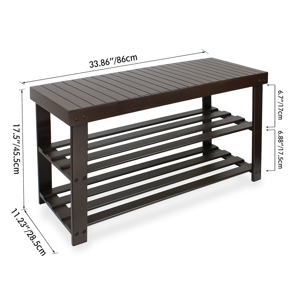 SMIBUY 3-Tier Bamboo Shoe Rack Bench – Sturdy Entryway Storage, Dark Brown
