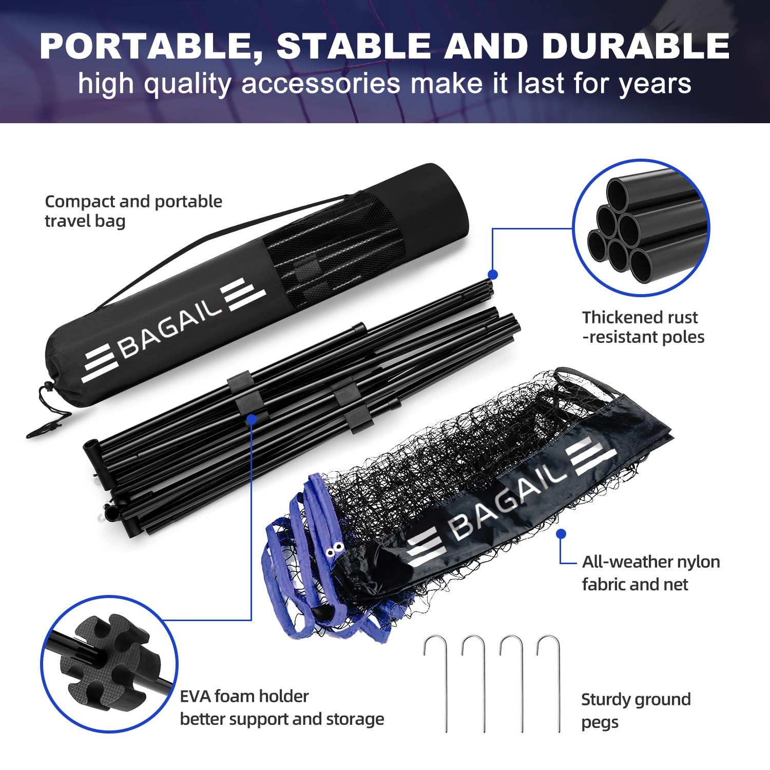 BAGAIL Portable Badminton Net – Height Adjustable Foldable Sports Net