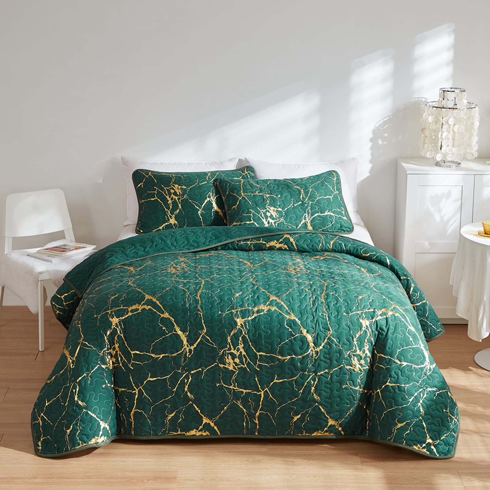 Green Gold Marble King Bedspread – Luxury Microfiber Quilt Set