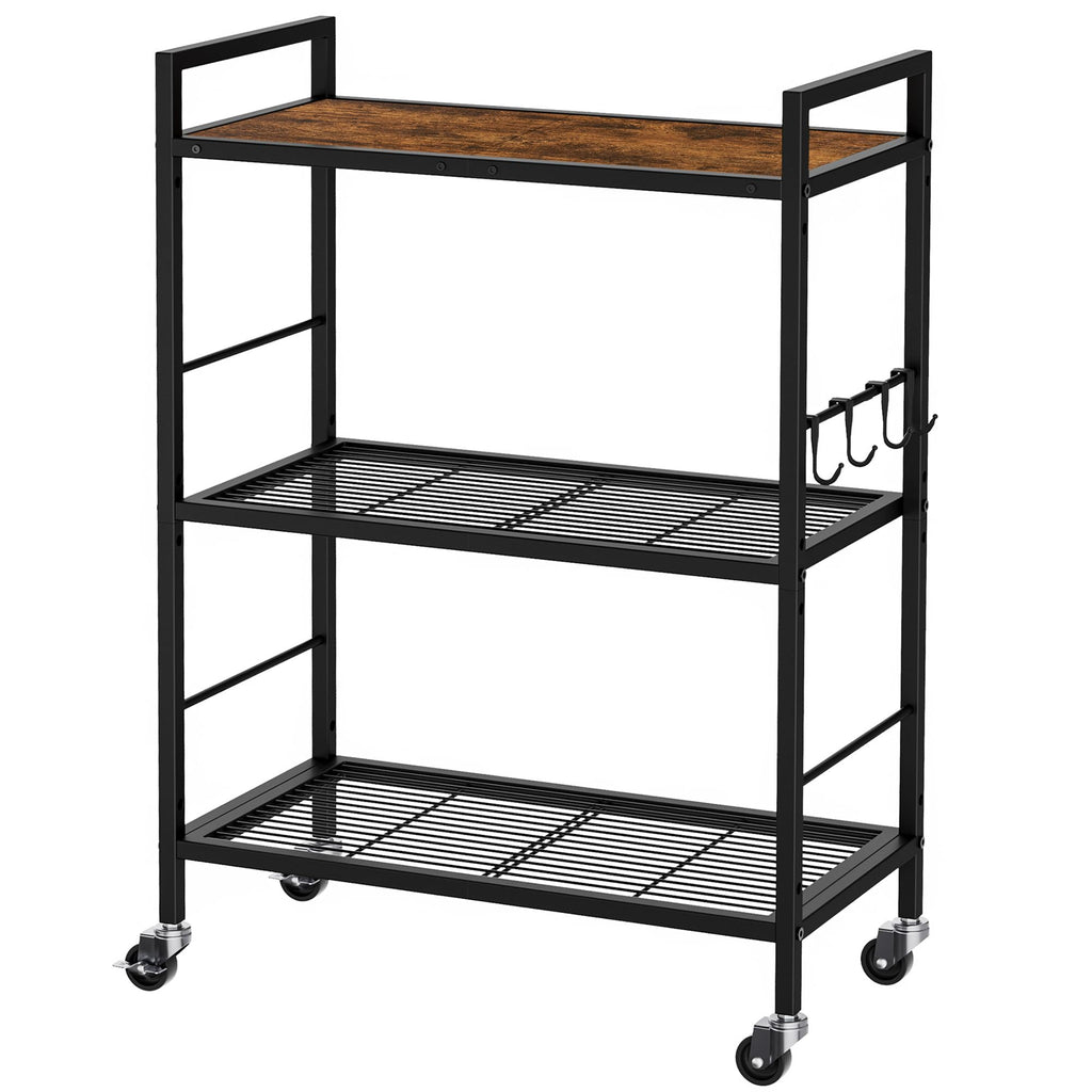 3-Tier kitchen trolley,Brown Wood Top,60W×30Dcm,4 Hooks, Adjustable Shelves - image 1