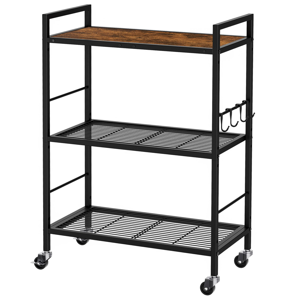 3-Tier kitchen trolley,Brown Wood Top,60W×30Dcm,4 Hooks, Adjustable Shelves - image 1