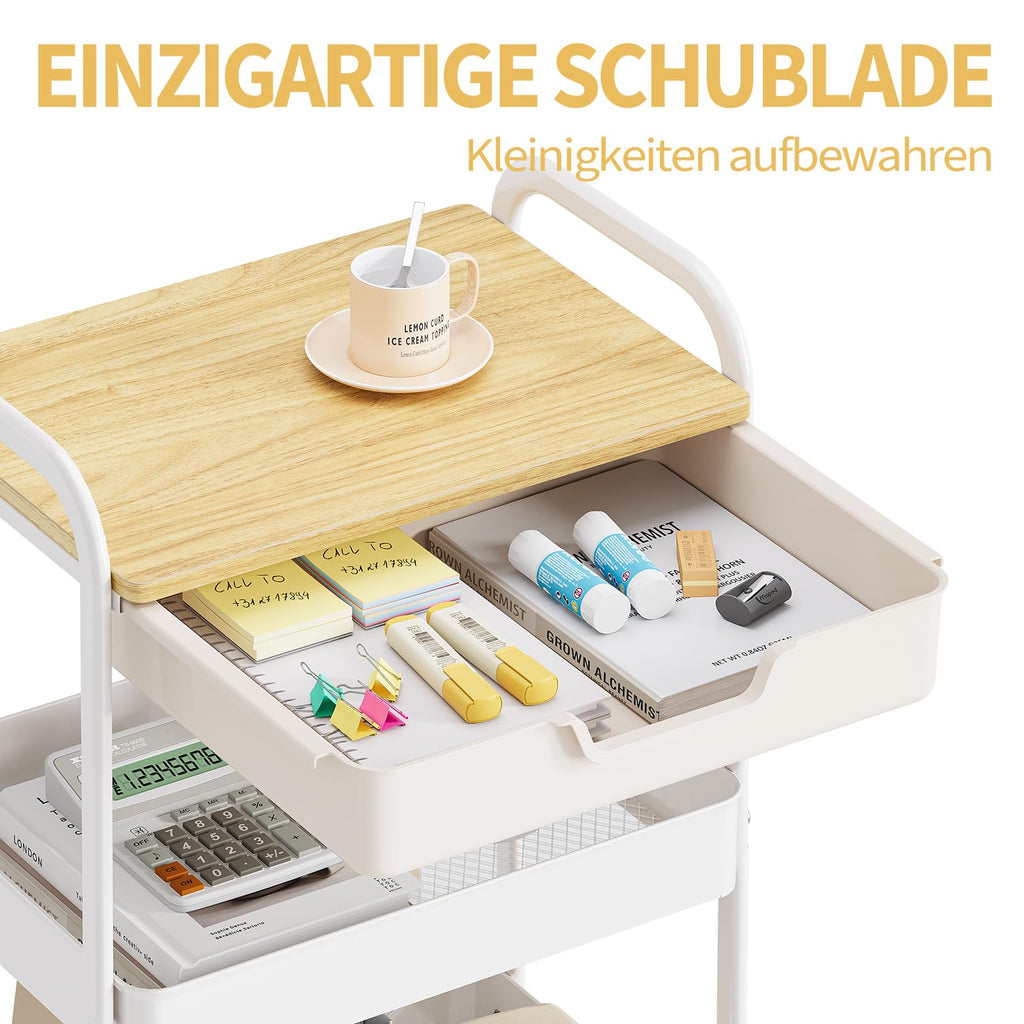 KINGRACK 3-Tier Rolling Utility Cart with Wooden Board and Drawer