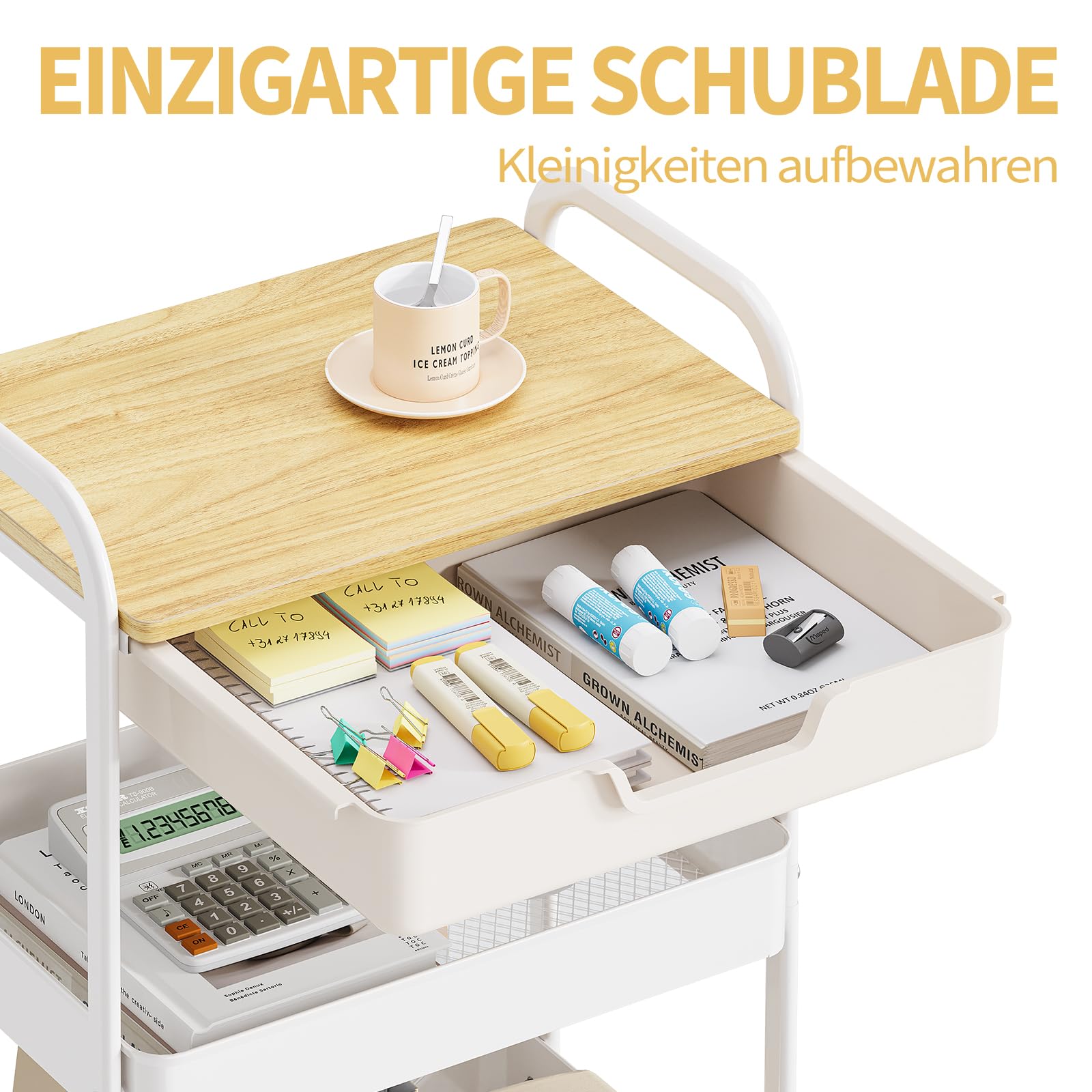 KINGRACK 3-Tier Rolling Utility Cart with Wooden Board and Drawer