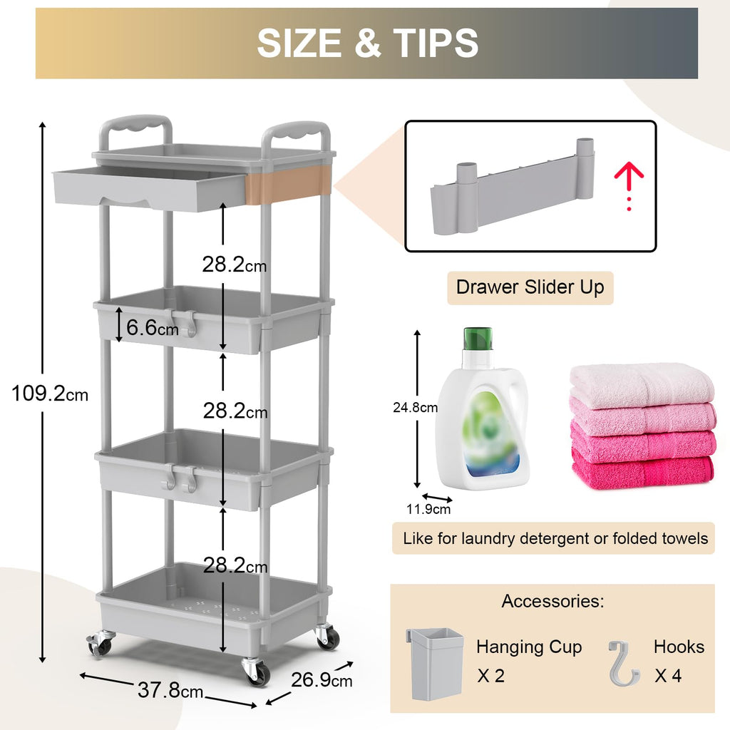 Yeabett 4 Tier Storage Trolley with Drawer, Utility Cart with Plastic Shelf & Lockable Wheels Multifunctional Storage Cart for Kitchen, Bathroom - image 4