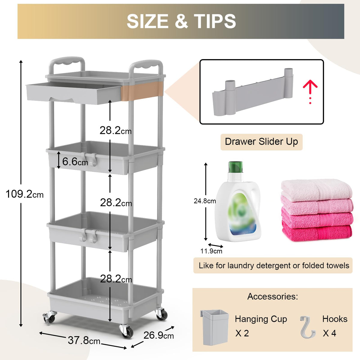 Yeabett 4 Tier Storage Trolley with Drawer, Utility Cart with Plastic Shelf & Lockable Wheels Multifunctional Storage Cart for Kitchen, Bathroom - image 4