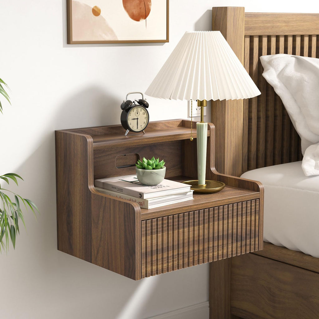 Skokliz Floating Bedside Table Set of 2, Wall Mounted Nightstand with Drawer and Open Shelf, Walnut Side Table Bedroom - image 5